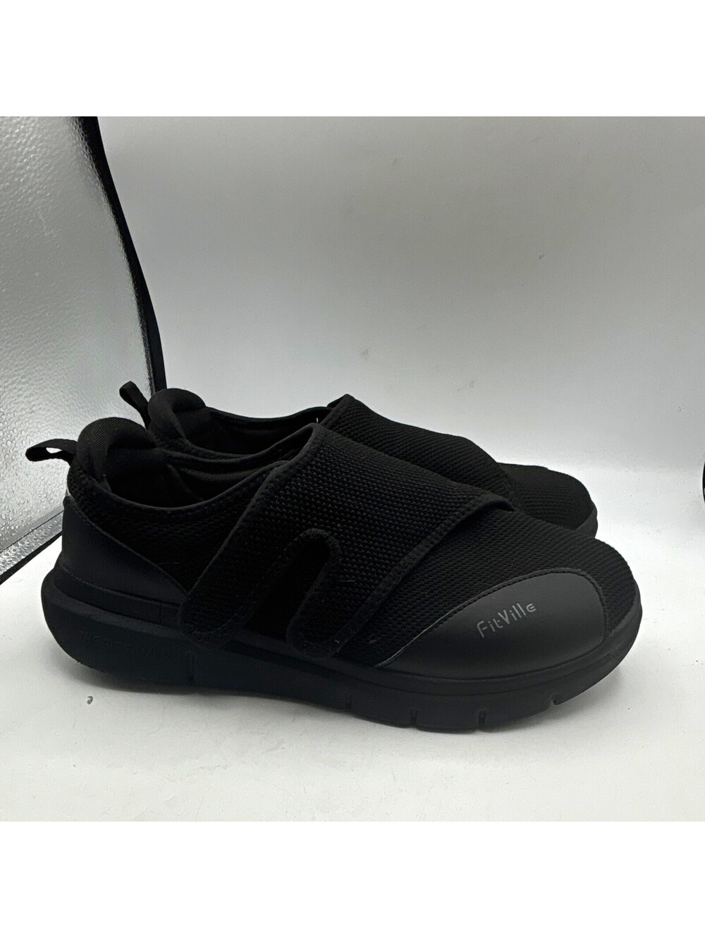 FitVille Mens Black Mesh Hook & Loop Strap Sneaker Wide Lightweight Size 11EEW
